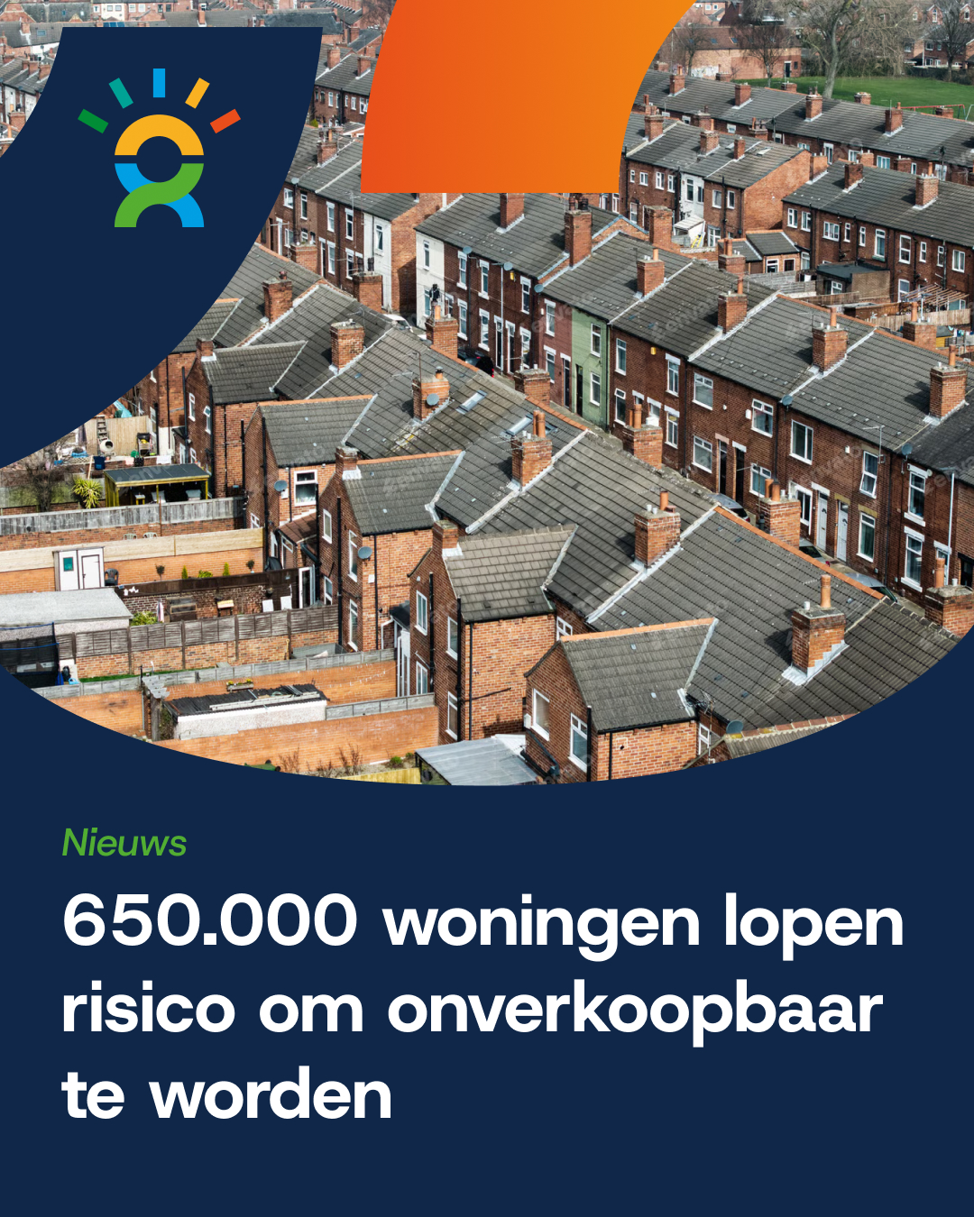 Energielabel F en G woningen dreigen onverkoopbaar te worden Luchtfoto van een rij jarenzeventigwoningen met daarover de tekst ‘650.000 woningen lopen risico om onverkoopbaar te worden.